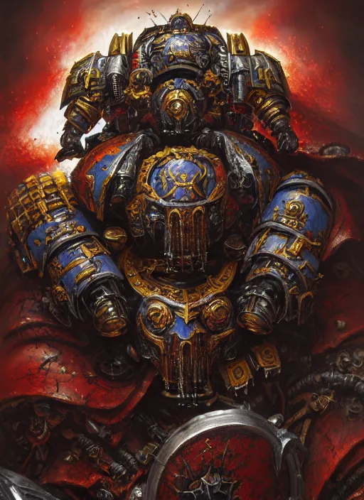 Image similar to portrait of a chaos space marine, intricate, warhammer, warhammer 4 0 k, highly detailed, digital painting, concept art, sharp focus, illustration, art by john blanche, by pedro nunez, by jaime martinez, by nacho molina