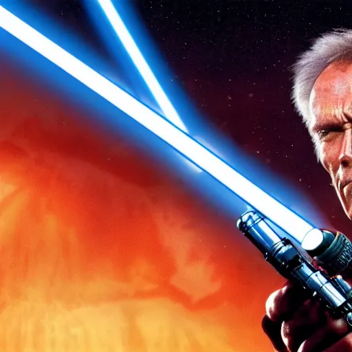 Image similar to clint eastwood holding blue lightsaber in star wars episode 3, 8k resolution, full HD, cinematic lighting, award winning, anatomically correct