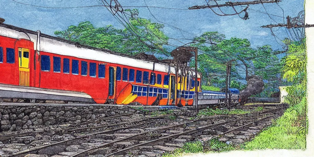 Image similar to sri lankan train, drawn by hayao miyazaki