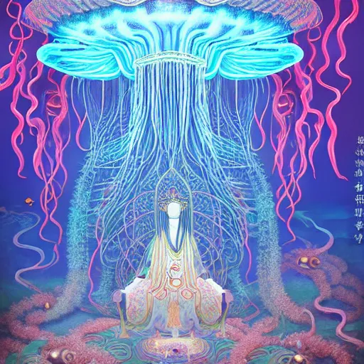 Prompt: A painting of priestesses worshipping at the jellyfish temple, shrouded in mist, jellyfish god, jellyfish priestess, jellyfish shrine maiden, 8K, illustration, art by Kyuyong Eom and Rui Li and Seunghee Lee and xi zhang, smoke, undersea temple with fish, cinematic, insanely detailed and intricate, hypermaximalist, elegant, super detailed, award-winning, fuschia and vermillion and cyan, rainbow accents, mysterious, ancient, ritual, trending in cgsociety, artstation HQ, ornate, elite, haunting, matte painting, beautiful detailed, insanely intricate details, dreamy and ethereal, otherworldly