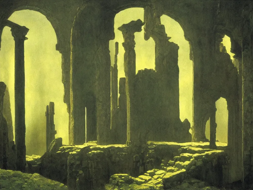 Image similar to gothic deserted temple in the impossible light psychedelia. dark, looming shadows. painting by cappiello leonett, arnold bocklin, wayne barlowe, agnes pelton, rene magritte