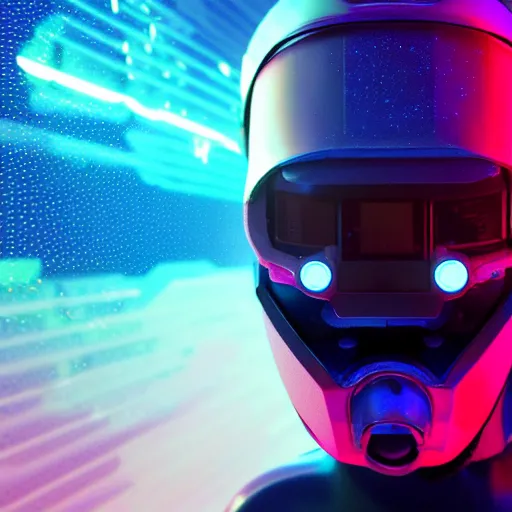 Image similar to cyberpunk cool bot, cinema 4 d, galaxy, ufo, space sci - fi, wearing vr goggles, illustration, portrait, pastel neon textured background night, trending on artstation, greg rutkowski, octane rendered, 1 2 k, detailed,