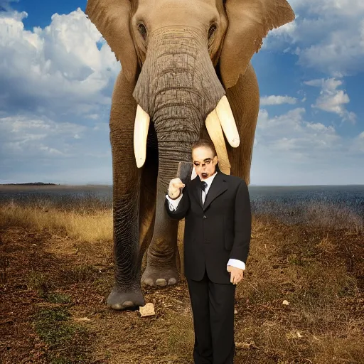 Prompt: a portrait of an elephant wearing a suit with background scenery by juergen teller, iris van herpen