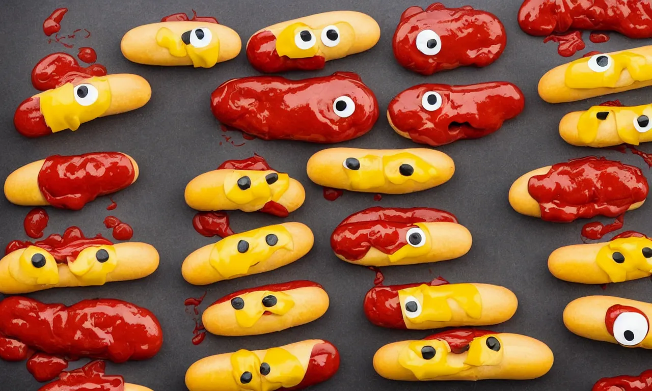 Image similar to smiling hotdogs with googly eyes dripping in ketchup and mustard and cheese, photorealistic