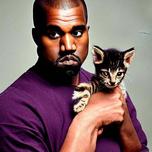 Image similar to Kanye West holding a kitten for a 1990s sitcom tv show, Studio Photograph, portrait C 12.0