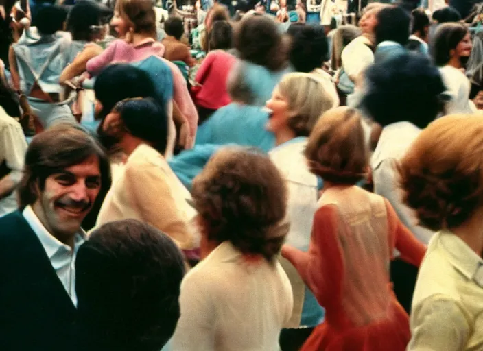 Image similar to close-up color film photography 1970s, people dancing at the festival, soft focus, golden hour, soft light, 35mm, film photo, Joel Meyerowitz