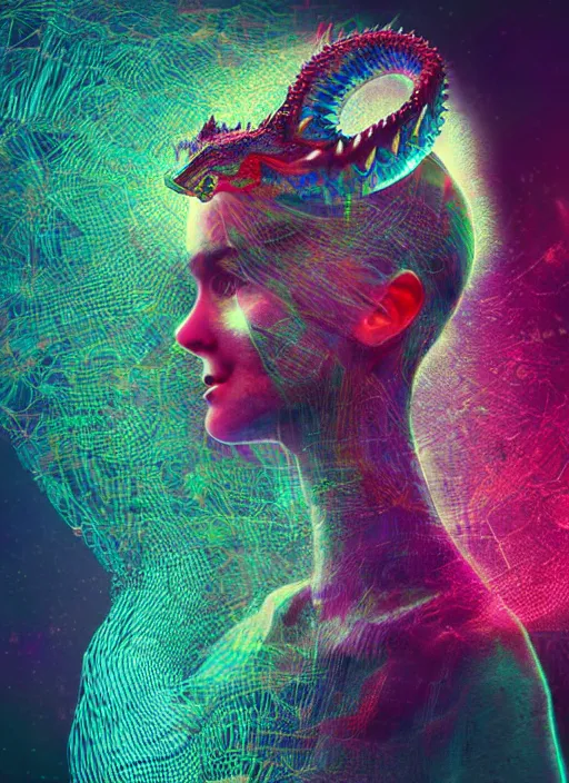Prompt: a woman with a dragon on her head, digital art by bedwyr williams, cgsociety, holography, glitch art, glitchy, holographic