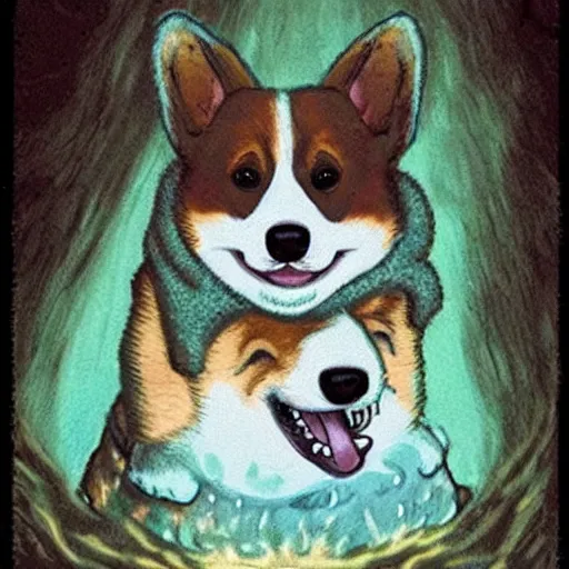 Image similar to a corgi as an eldtrich horror deep in a cave only the face of the corgi illuminated by a torch, realistic, creepy