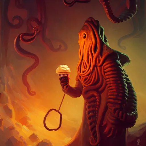 Prompt: portrait painting of cthulhu, bright and energetic, wild tentacles holding ice cream cones, render cinematic lighting art 1 9 2 0 period drama by bussiere rutkowski andreas rocha