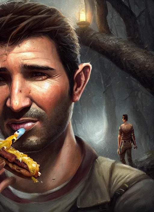 Image similar to Portrait of Nathan Drake with elven ears eating a cheeseburger, realistic, detailed, 4k by Greg Rutkowski Mark Arian trending on artstation