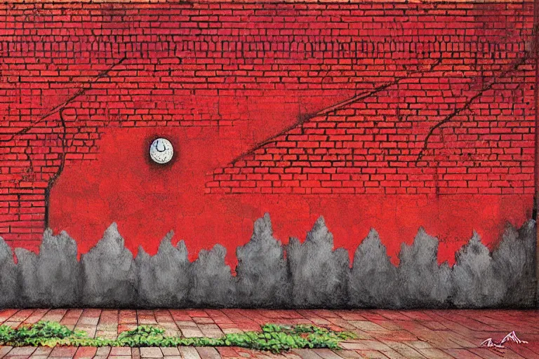 Prompt: abstract wall painting of nature landscape, red brick style, rule of thirds, shining, by adonna khare, by amir zand, by banksy, digital painting