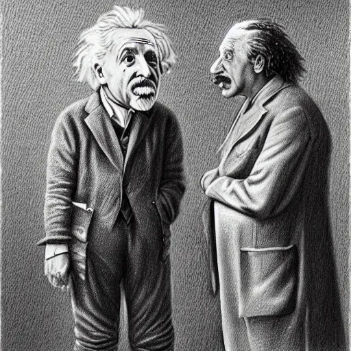 Prompt: Einstein and Newton speaks each other on a topic, pencil drawing, ultra detailed