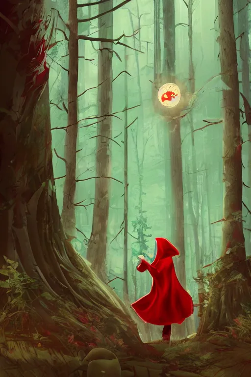 Image similar to red riding hood beating the crap out of the wolf in a tall overgrown forest, encountering a magical orb, award winning illustration, artstation