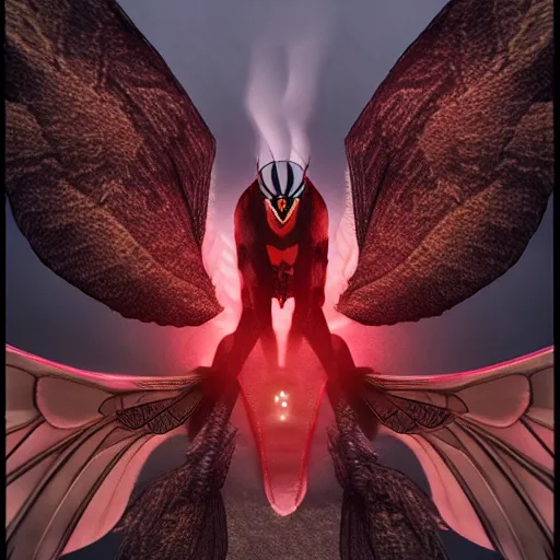 Image similar to 4K headshot of mothman with giant wings , intricate face , flawless anime cel animation by Manabu Oshashi and Satoshi Kon, professionally post-processed , beautiful, scary, symmetry accurate features, epic, octane rendered, anime masterpiece, accurate