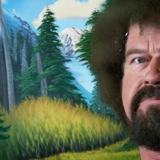 Image similar to a closeup photorealistic photograph of bob ross putting the finishing touches on a canvas painting that includes kenny powers. mountains and trees. film still. brightly lit scene. this 4 k hd image is trending on artstation, featured on behance, well - rendered, extra crisp, features intricate detail, epic composition and the style of unreal engine.