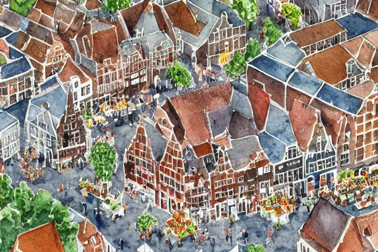 Prompt: the town square of a typical dutch town, cristmass market, isometric aerial watercolor by anton pick. very detailed, whimsical, wimmelbild