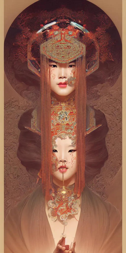 Prompt: artificial intelligence, decorated with chinese opera motifs, asian, bian lian, traditional chinese art, intricate, elegant, highly detailed, symmetry, digital painting, artstation, concept art, smooth, sharp focus, illustration, art by artgerm and greg rutkowski and alphonse mucha, 8 k