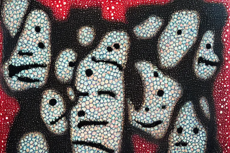 Image similar to teeth, smile, faceless people, black figures, dark, acrylic, clay, dots abstract, dripping, stipple, pointillism, technical, abstract, minimal, style of francis bacon, asymmetry, pulled apart, stretch, cloak, eerie, made of dots, abstraction chemicals, blotter, mask, colored dots, splotch, old painting style