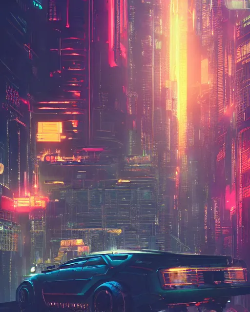 Image similar to cyberpunk vehicle above a city, scifi, futuristic, neon light, highly detailed, concept art, sharp focus, trending on artstation, intricate, atmosphere, raining, art by roman makarenko, dzung phung dinh