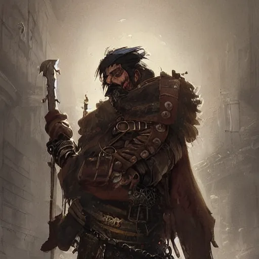 Image similar to steampunk homeless warrior with metal weapons in his body, greg rutkowski