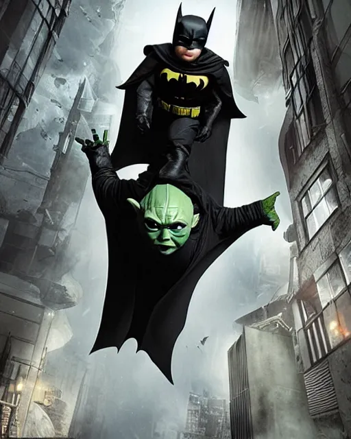 Prompt: epic action still of baby yoda wearing batman outfit as batman hanging upside - down from building in atmospheric alleyway in the style of batman the dark knight rises