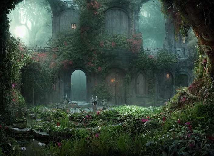 Prompt: secret garden, in the style of pan's labyrinth movie, at the bottom of the dwell, spooky, dark, concept art, unreal engine 5, matte painting, artstation, caspar friedrich, wlop