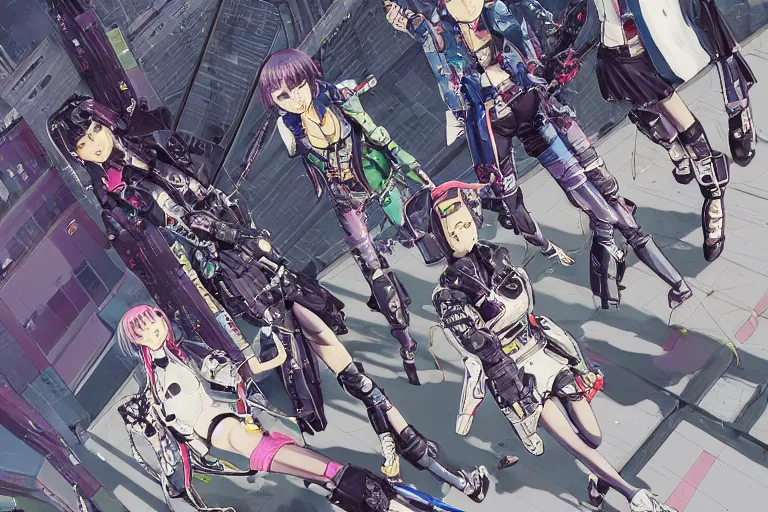 Image similar to a cyberpunk illustration of a group of four super-coherent female androids dressed in seifuku in style of masamune shirow, lying scattered across an empty, white floor with their bodies rotated in different poses and cables and wires coming out, by yukito kishiro and katsuhiro otomo, hyper-detailed, intricate, view from above, colorful