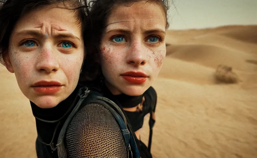 Image similar to cinestill 5 0 d photographic portrait by helen levitt of two loving female androids wearing rugged black mesh techwear on a desolate plain, extreme closeup, modern cyberpunk moody emotional cinematic, dust storm, 8 k, hd, high resolution, 3 5 mm, f / 3 2, ultra realistic faces, ex machina