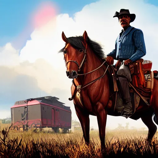 Prompt: Obama from Red Dead Redemption 2 riding a horse next to a train, ray tracing, 8k by artgerm and greg rutkowski