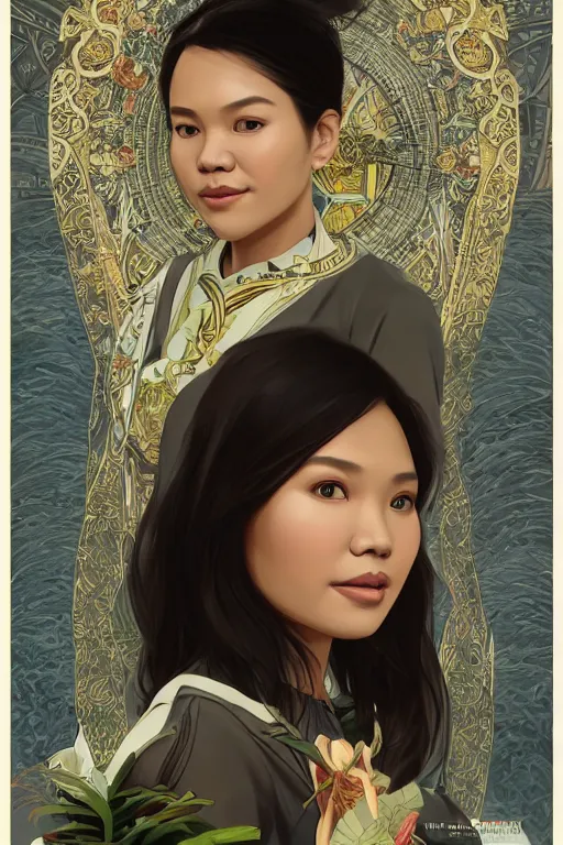 Prompt: portrait of an indonesian celebrity as an architect, highly detailed, digital painting, artstation, concept art, sharp focus, illustration, art by kittichai rueangchaichan and james gurney and alphonse mucha