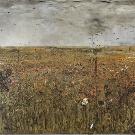 Prompt: upon the heath, where we made our bed, the flowers and grass pressed down, by Anselm Kiefer, matte painting, oil paint, shellac, charcoal, straw and gold leaf on canvas, concept art