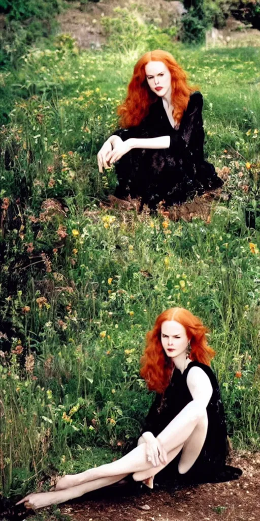 Image similar to beautiful redhead woman, nicole kidman, long hair, beautiful dress, 1930, out of focus, sitting in green garden