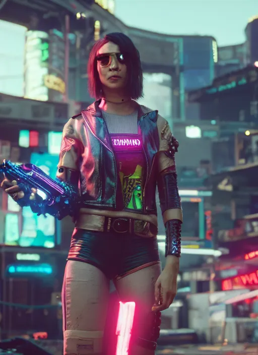 Prompt: film still of Kathryn Celestre as Johnny Silverhand in Cyberpunk 2077, gameplay, 8k, HD