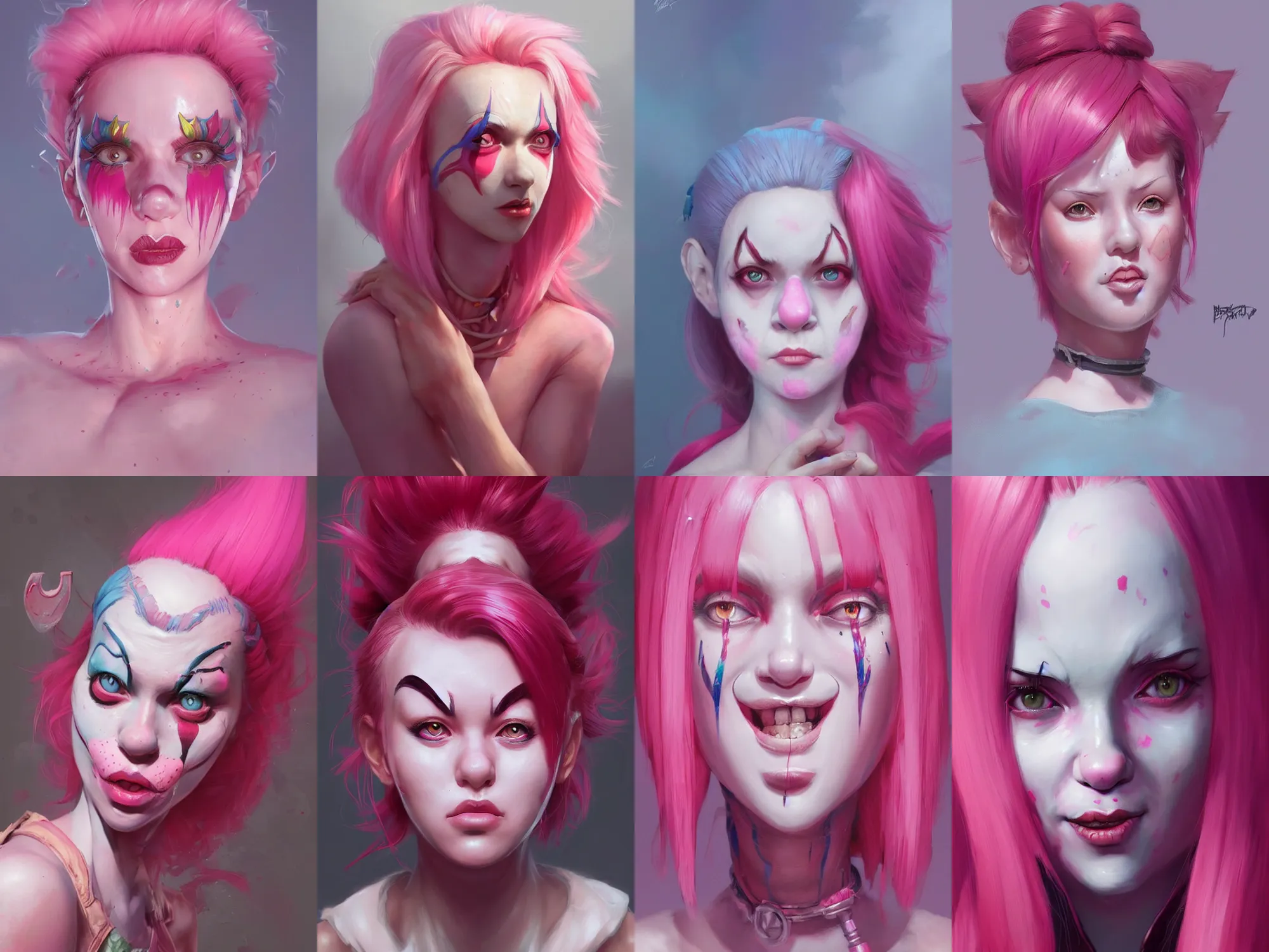 Prompt: clown girl pink hair, highly detailed, digital painting, artstation, concept art, smooth, sharp focus, illustration, art by artgerm and greg rutkowski and loish and WLOP