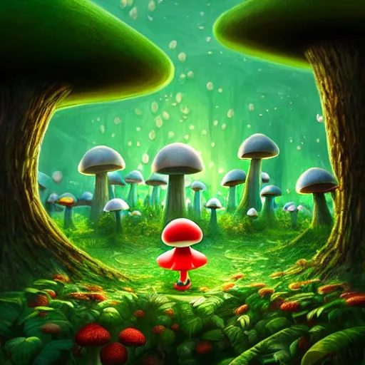 Image similar to mushroom kingdom from mario, digital art, giant green and white spotted mushrooms, at night, exotic flowers and plants, sprites, irina french, heraldo ortega, mandy jurgens trending on artstation 8 k 1 5 0 mpx