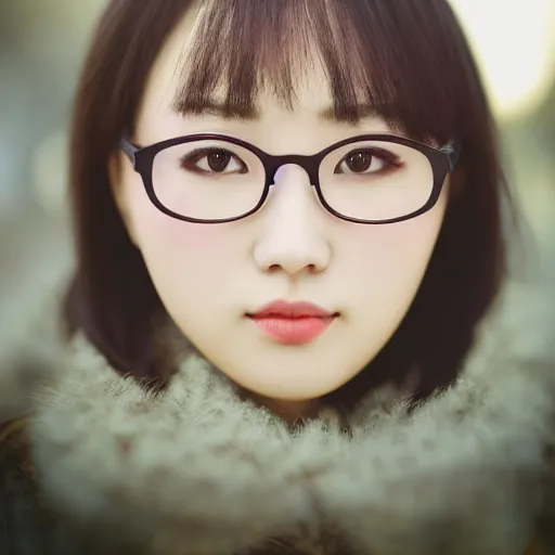 Prompt: portrait, award - winning photo, beautiful, gorgeous, cute, slim figure, round faced, brown colored long hair, korean girl, wearing round glasses, trendy white clothing, bokeh, intricate, highly detailed, 8 k