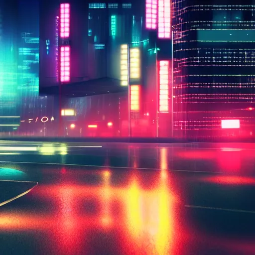 Image similar to digital painting of a futuristic neon city rainy sharp photorealistic octane render, bokeh in the background only