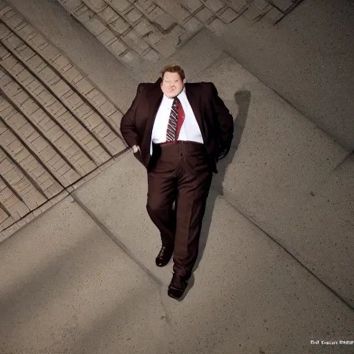 Prompt: Andy Richter is wearing a chocolate brown suit and necktie. Andy is lying flat on a concrete ground. Ariel view.