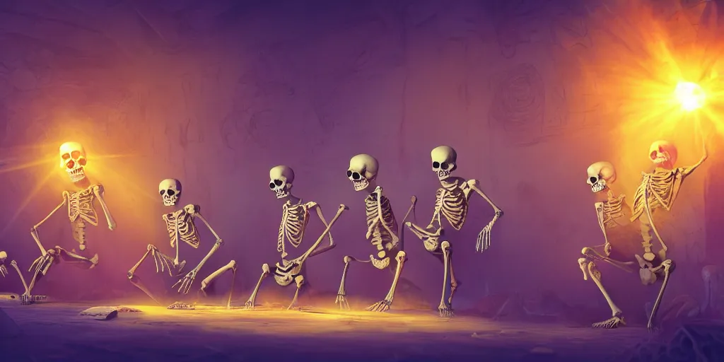 Prompt: skeletons, they are in front of a desk working on a new dark spell that is casting out flowing energy, colorful, flowing energy, light rays, medium shot, waist up, sharp, concept art, highly detailed, bloom, dramatic lighting, cinematic, by dreamworks