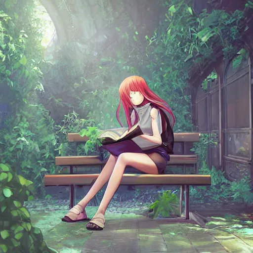 Image similar to advanced digital art. A beautiful girl is sitting on a bench reading in an abandoned train station overgrown with vines and flowers. Digital Anime painting. Sakimichan, WLOP, RossDraws, pixivs, Makoto Shinkai. —H 2160