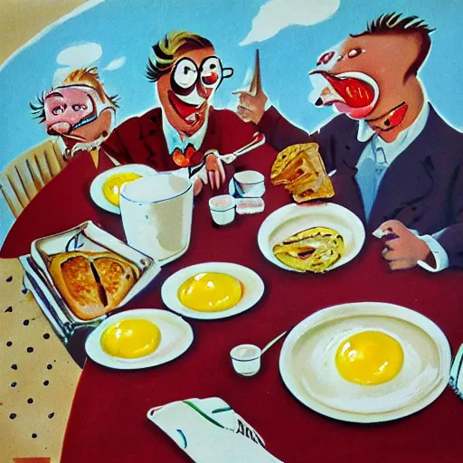 Prompt: 1950s breakfast of eggs sausage and toast in the style of Ralph Steadman