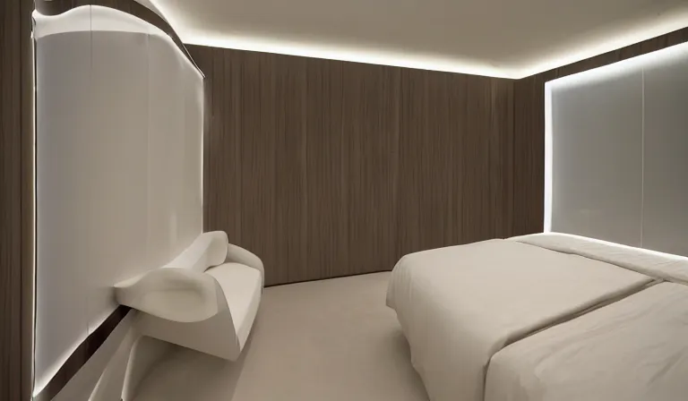 Prompt: A bedroom designed by Zaha Hadid, 35mm film, long shot