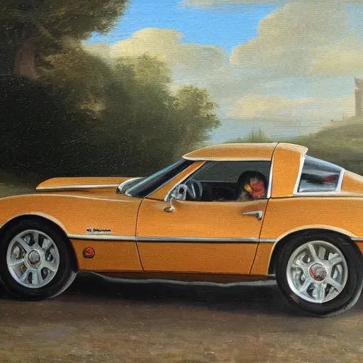 Prompt: corvette with cats sitting in and on the car, old dutch painting, golden hour, shadows, wide shot