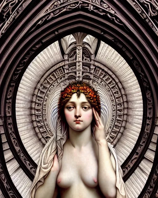Prompt: hyperrealistic detailed portrait of a beautiful young goddess morphing into a gothic cathedral, authentic ornamental architecture, art by ernst haeckel, john william godward, android jones, h. r. giger, gothic, neo - gothic, heavily ornamental,