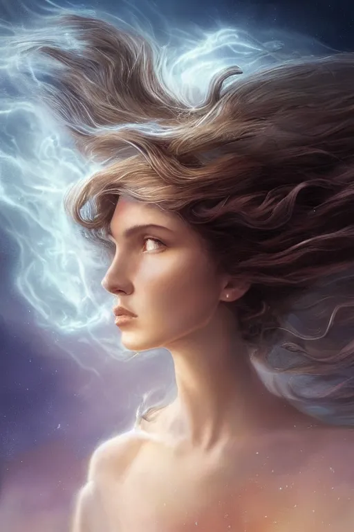 Image similar to a celestial goddess casts a fire magical spell, windy floating hair!!, moody muted tones, surrealistic, seductive beauty! cinematic volumetric lights, full portrait, dnd, fantasy, intricate, elegant, highly detailed, digital painting, artstation, concept art, smooth, sharp focus, illustration, art by artgerm and tom bagshaw and greg rutkowski and alphonse mucha