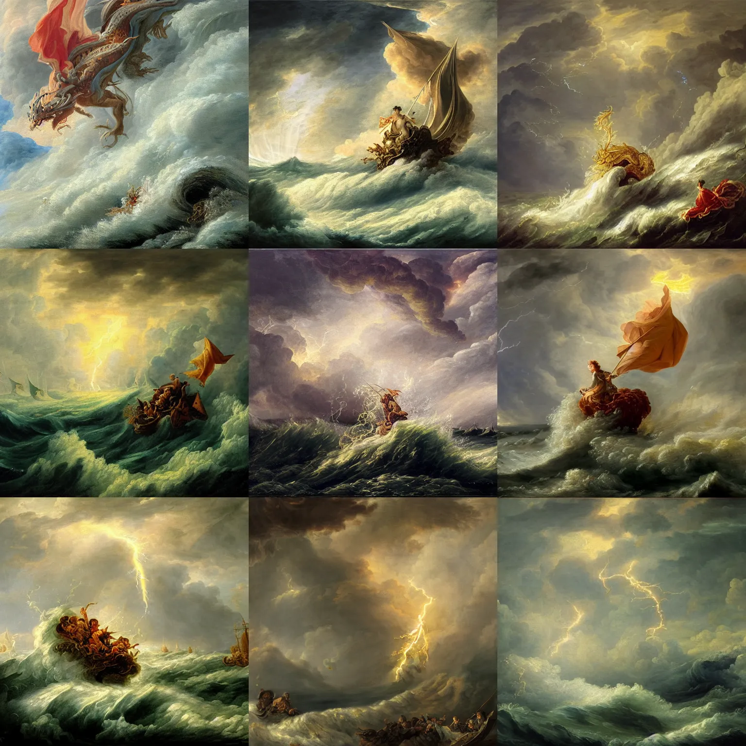 Prompt: a fantasy book style portrait painting of a dragon in a stormy sea, giant waves, lightning, small boat, francois boucher oil painting, 4 k