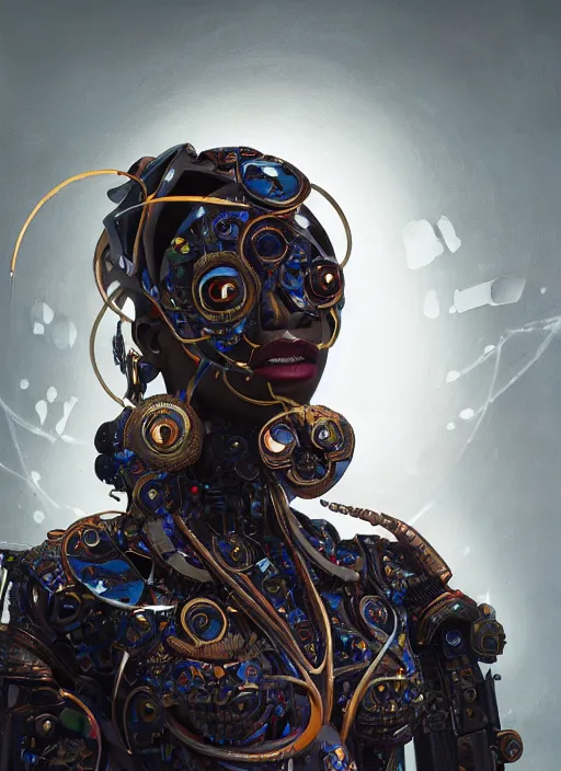 Prompt: portrait of a futuristic african voodoo master cyborg, in the style of ghost in the shell, kintsugi, modern fine art, fractal, intricate, elegant, highly detailed, digital photography, subsurface scattering, by jheronimus bosch and greg rutkowski,