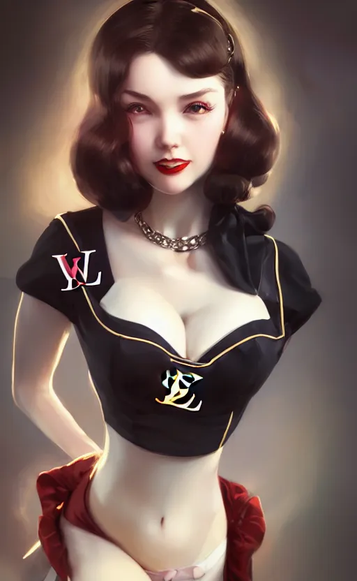Image similar to a pin up and beautiful fashion charming dreamlke swedish girl with lv jewelry, character art, art by artgerm lau and wlop and and ilya kuvshinov and john singer sargent, hyperdetailed, 8 k realistic, symmetrical, frostbite 3 engine, cryengine, dof, trending on artstation, digital art