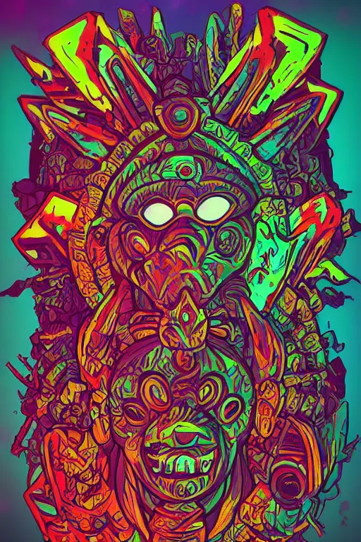 Image similar to totem animal tribal chaman vodoo mask feather gemstone plant wood rock video game illustration vivid color borderlands by josan gonzales and dan mumford radiating a glowing aura