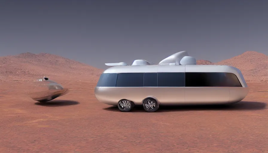 Prompt: professional photograph of a beautiful futuristic chrome Winnebago designed by Buckminster Fuller in a picturesque desert on Mars. The Winnebago is floating, and has no wheels. Astronauts are standing nearby, racking focus, extreme panoramic, Dynamic Range, HDR, chromatic aberration, Orton effect intricate, elegant, highly detailed, artstation